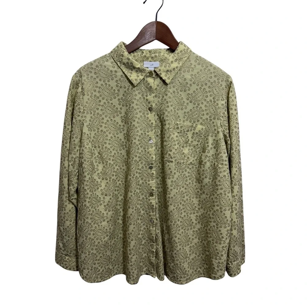 J. Jill Embroidered Button Down Shirt Womens Green Large, Floral Paisley Cotton - Picture 2 of 8